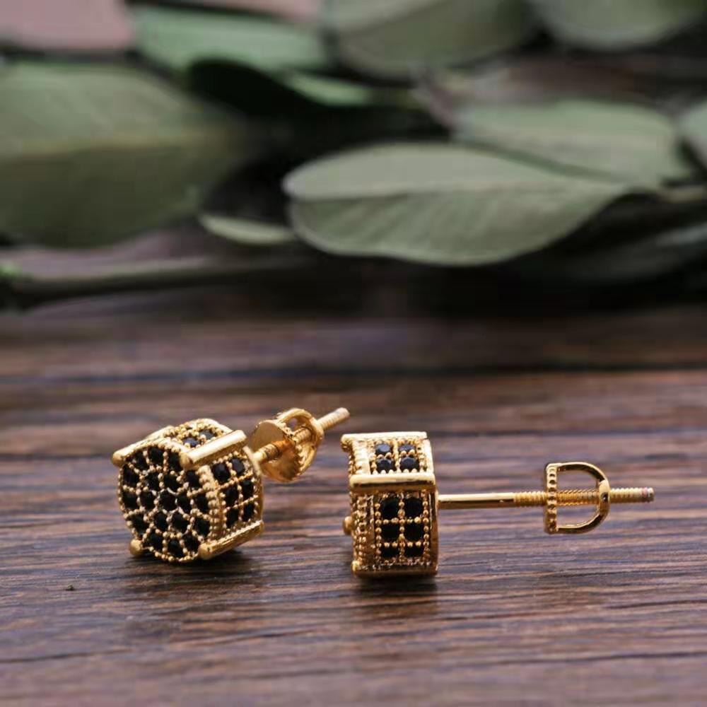hip hop iced out ear studs for men luxury designer bling black diamond earrings 18k gold plated fashion ear jewelry birthday gifts