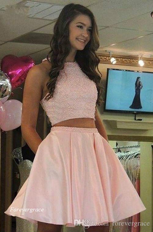 2019 Cheap Lovely Pink Two Pieces Homecoming Dress A Line Short Juniors Sweet 15 Graduation Cocktail Party Dress Plus Size Custom Made