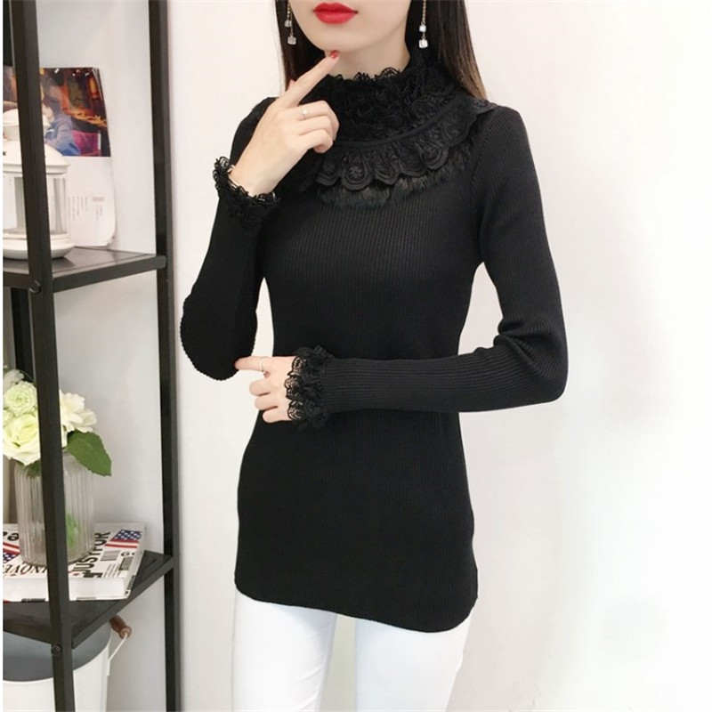 Autumn Winter Women Sweater Pullover 2019 New Lace shirt Long Sleeve Ruffled Slim Pull Knit Half Turtleneck Sweater Female ZZ643