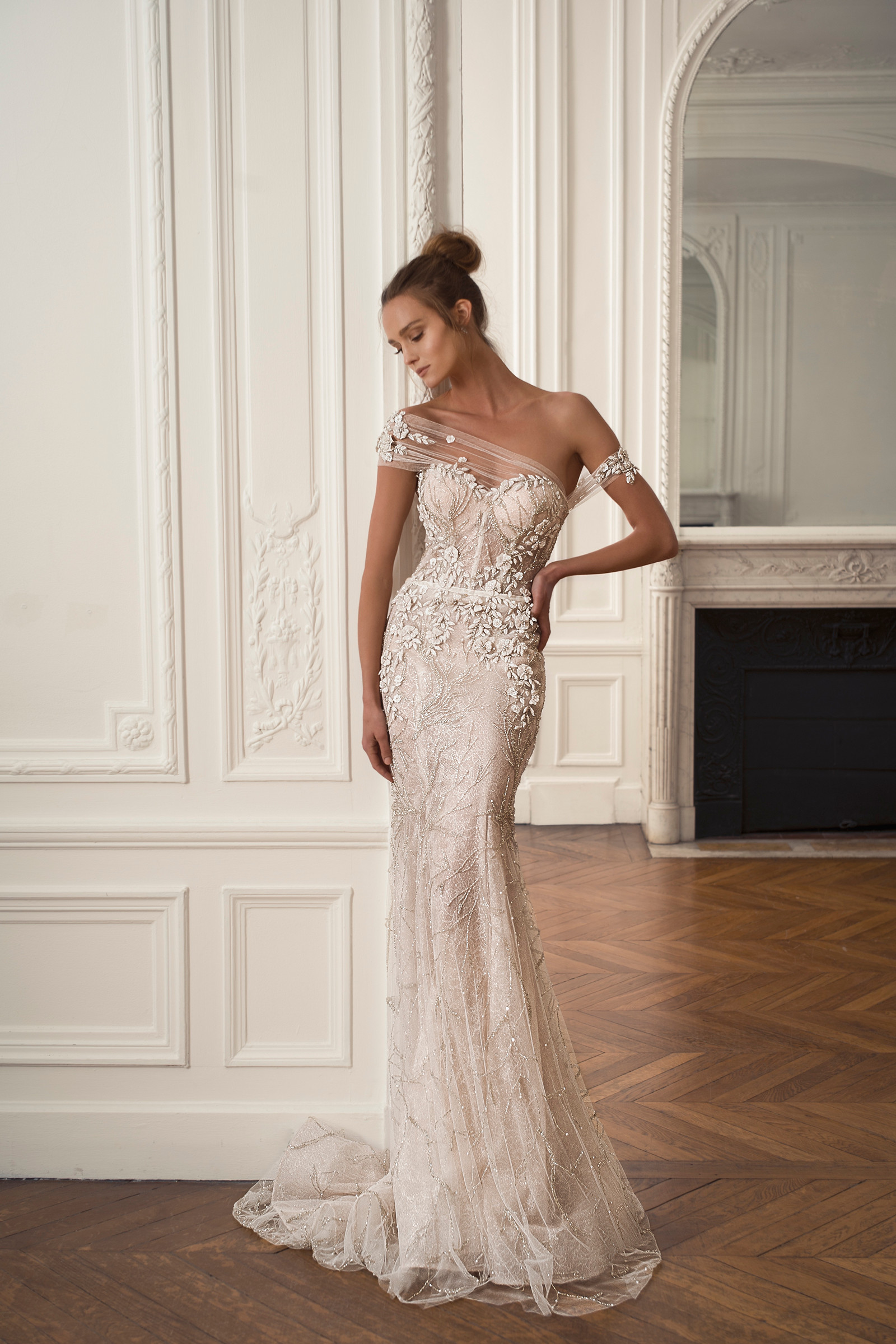 Beaded Mermaid Dresses Lace Appliqued Sweep Train One Shoulder Julie Vino Boho Wedding Dress Custom Plus Size Bridal Gowns
