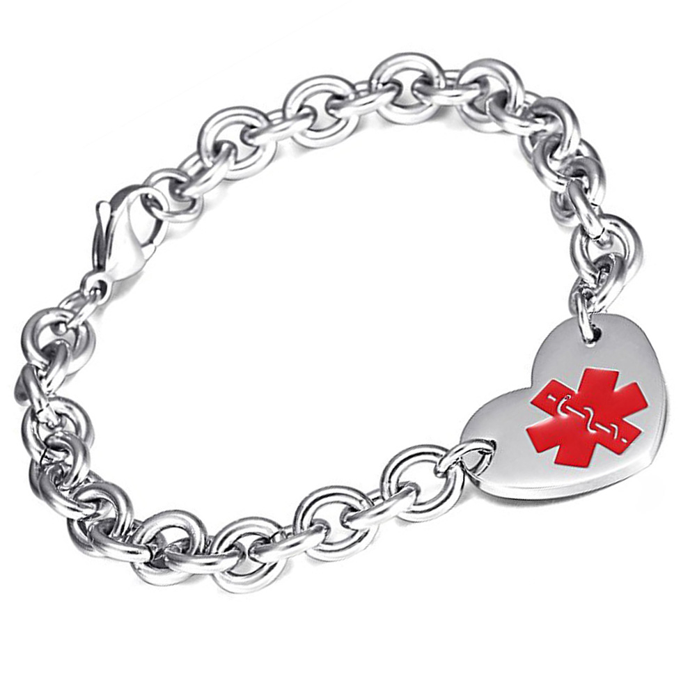 Medical Sign ID Chain Bracelets Charm Heart Shape Bracelets Titanium Stainless Steel Jewelry Men Women Bangle