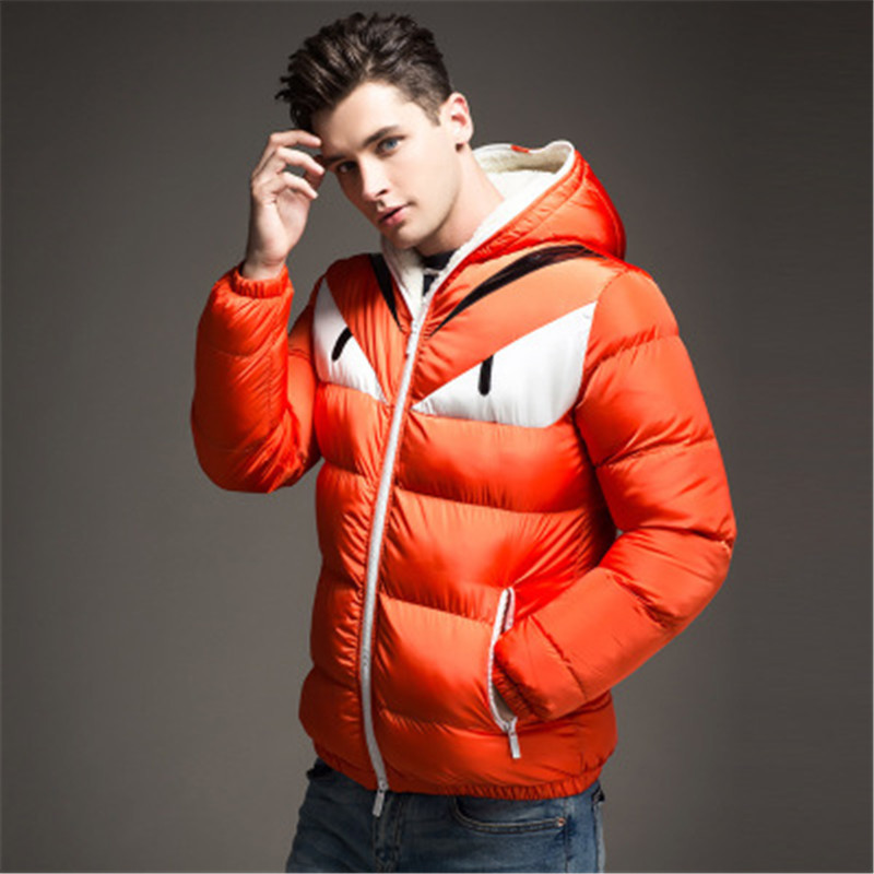 Handsome Men Parkas Down Cotton Jackets Russia Fashion Cute Orange Blue Cartoon Print Hooded Winter Outdoor Warm Coats