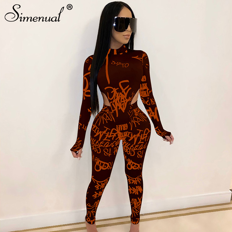 Simenual Letter Print Skinny Women Matching Set Long Sleeve Fashion Sexy Two Piece Outfits Bodycon Hot Bodysuit And Pants Sets