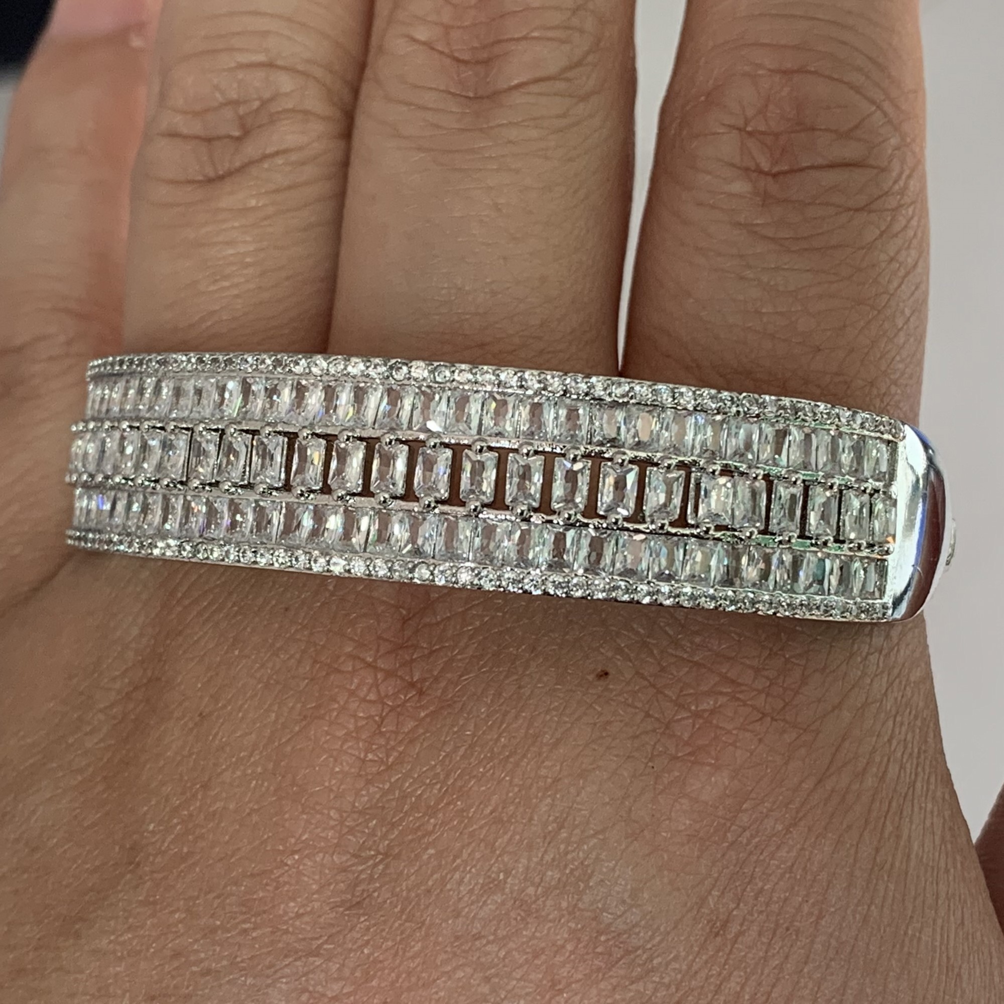 Circle Bangle Bracelet for Women: Three Rows of Princess-Cut White Clear Topaz Gemstones in Sterg Sier