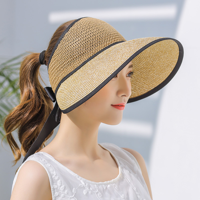 Fashion Women Ladies Summer Large Wide Brim Sun Hat Foldable Roll Up Bowknot Decor Beach Visor Cap Outdoor Travel Cap Empty Hat