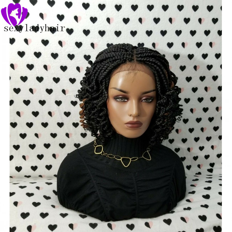 Top quality 1b black micro braiding with curly tips synthetic lace front wigs black short braided wig heat resistantr hair for black woman