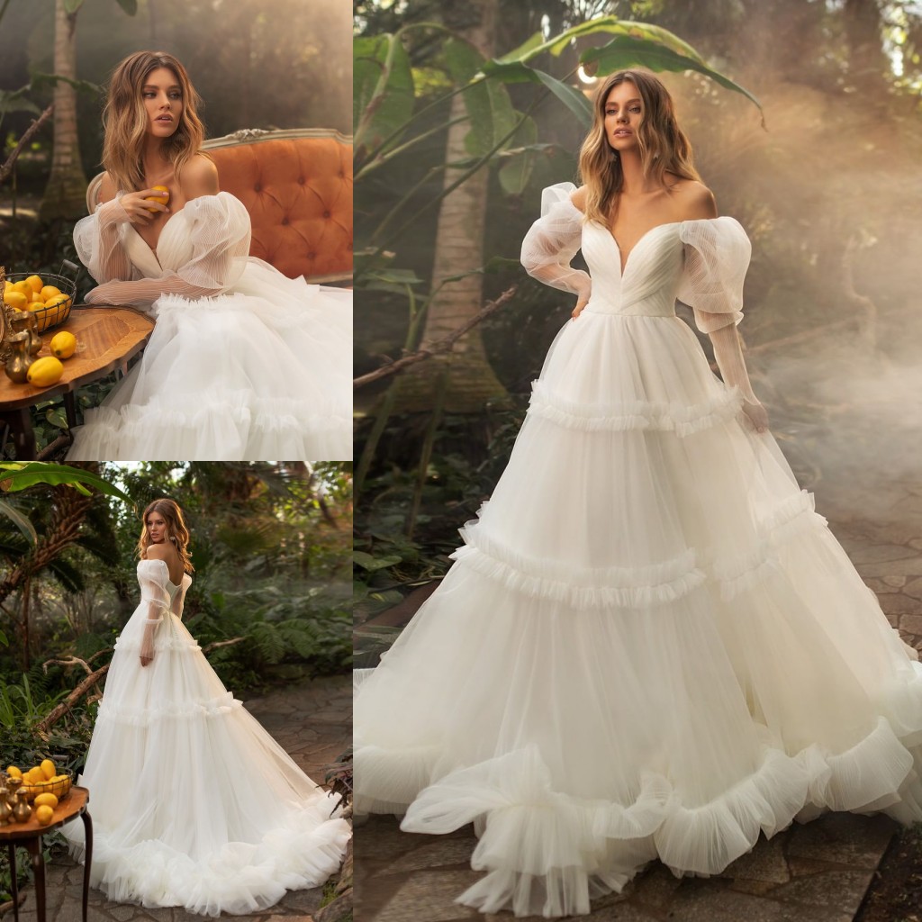 Line Amazing A Long Sleeves Wedding Dresses Off The Shoulder Ruffled Bridal Gowns Sweep Train Tulle Pleated Robe De Marie
