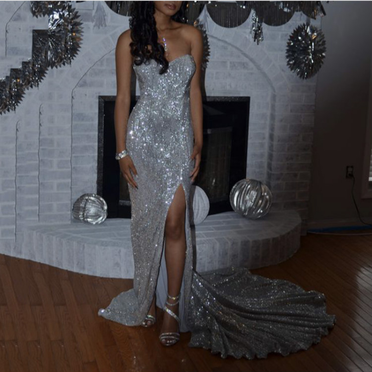 Sparkling Sier Sequin Prom Split Sheath Formal Evening Charming Party Dresses Strapless Celebrity Gowns Robes De Soiree 0510