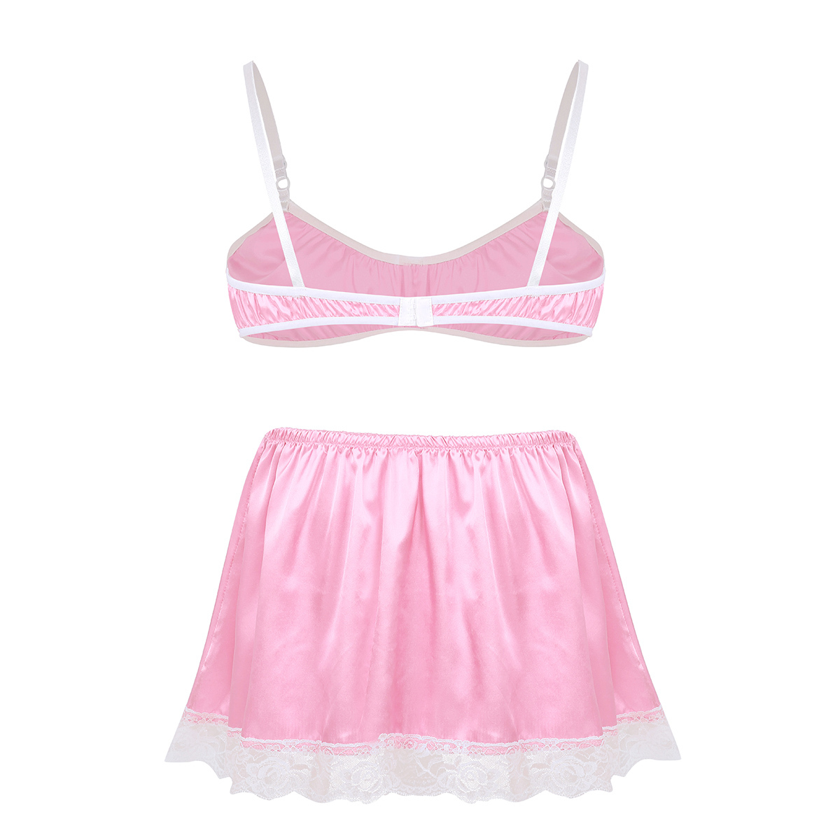 Sexy Mens Smooth Satin Lace Sissy Lingerie Set Adjustable Spaghetti Shoulder Straps Bra Top with Elastic Waistband Short Skirt LY191222