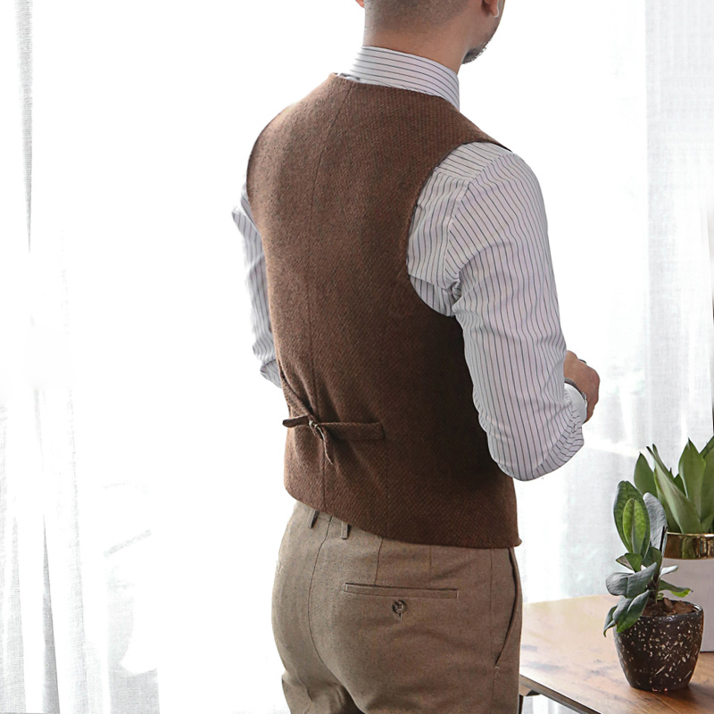 Dark Brown Groom Vests Wool Groomsmen Attire Herringbone Tweed Vest Slim Fit Men's Suit Prom Country Wedding Waistcoat Dress Plus Size B666