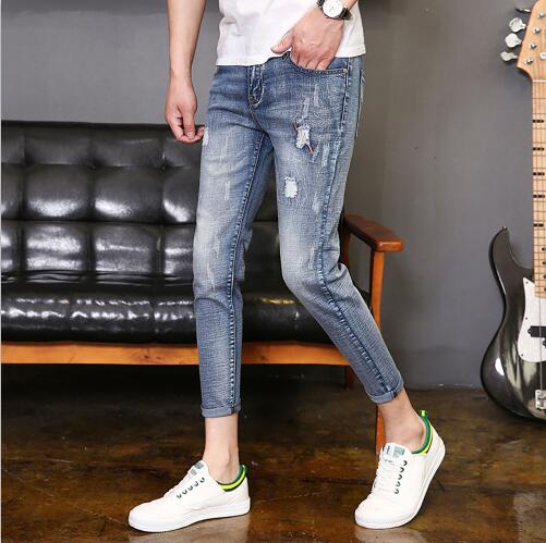 AudWhale Summer Ripped Slim Men's Jeans Mid Waist Casual Pencil Jeans Pants For Men Ankle Length Stretch Male