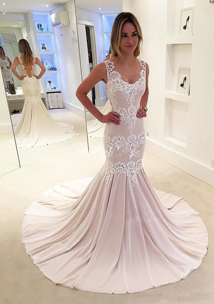 2019 Pink Champagne Mermaid Prom Dresses See Through Sweep Train Appliques Long Formal Evening Party Gowns Special Occasion Dress Plus Size