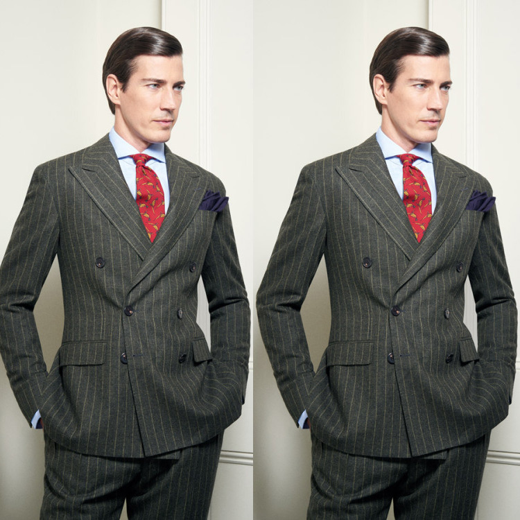 High Quality 2 Pieces Pinstripe Wedding Tuxedos Peaked Lapel Double Breasted Groom Wear Formal Party Prom Men Suit Blazer(Jacket+Pants)