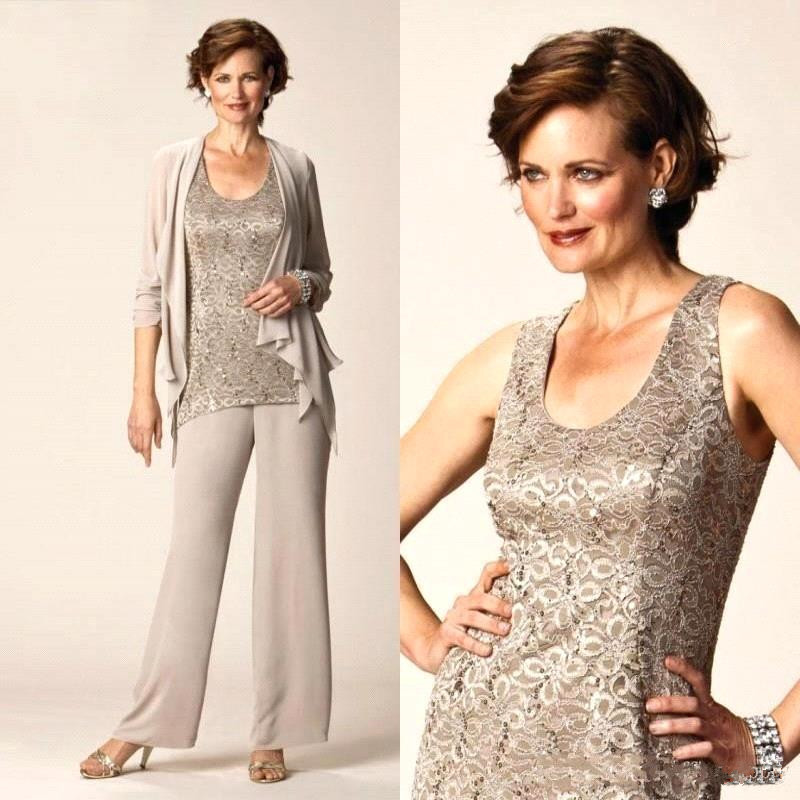 Elegant Chiffon Lady Mother Pants Suits with Lace Jacket Mother of The Bride Dresses 3 Pieces Formal Mother Evening Dresses BC1750