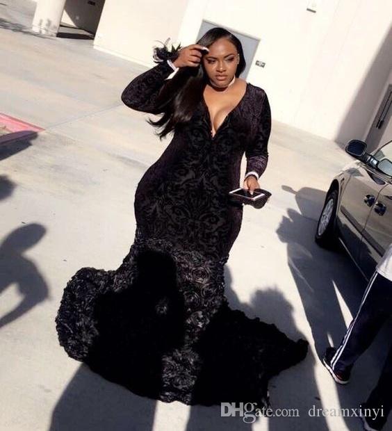 Plus Size Mermaid Prom Dresses 2019 Long Sleeve Sweep Train Petal Power Black Formal Evening Dress Party Gowns Custom Made Lace Applique