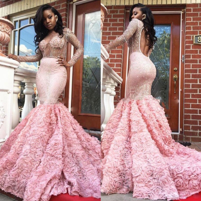 Pink Black Girl Mermaid Prom Dresses Long Sleeves Beaded Bateau Neck Sequined Plus Size Backless Evening Gowns Sweep Train Formal Dress