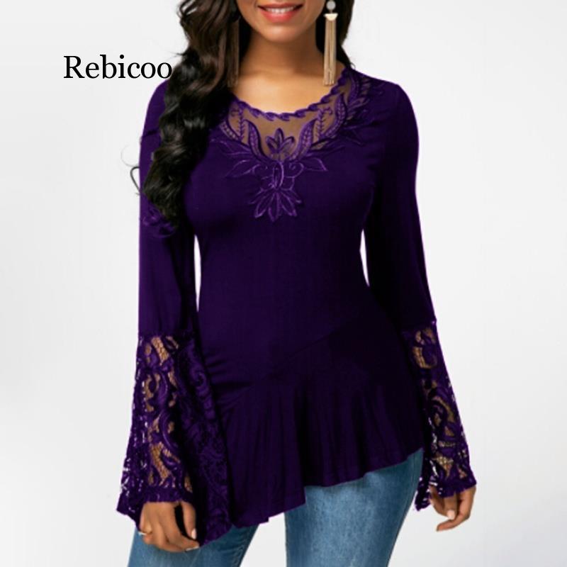 Fashion Lace Blouses Flare Sleeve Shirts For Womens Tops Shirt Plus Size Women Clothes Irregula