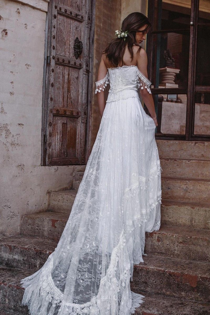 Bohemian Summer Beach Wedding Dresses Off The Shoulder Lace Boho Bridal Gowns Vintage French vestido de noiva Wedding Dress