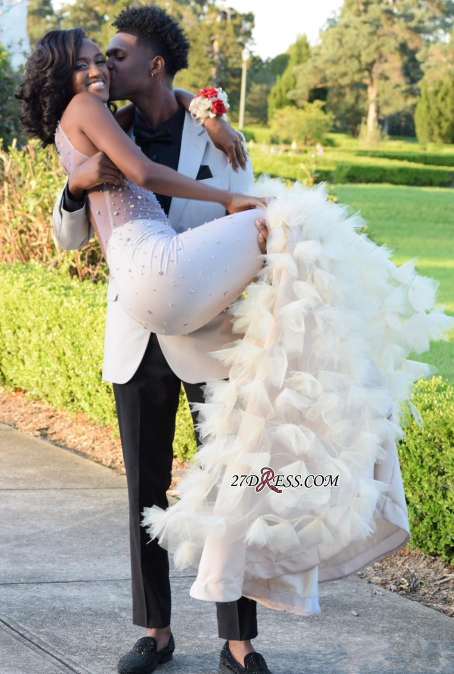 ruffles mermaid prom dresses for black girls formal evening party gowns pageant dress illusion top beaded high neck long vestidos