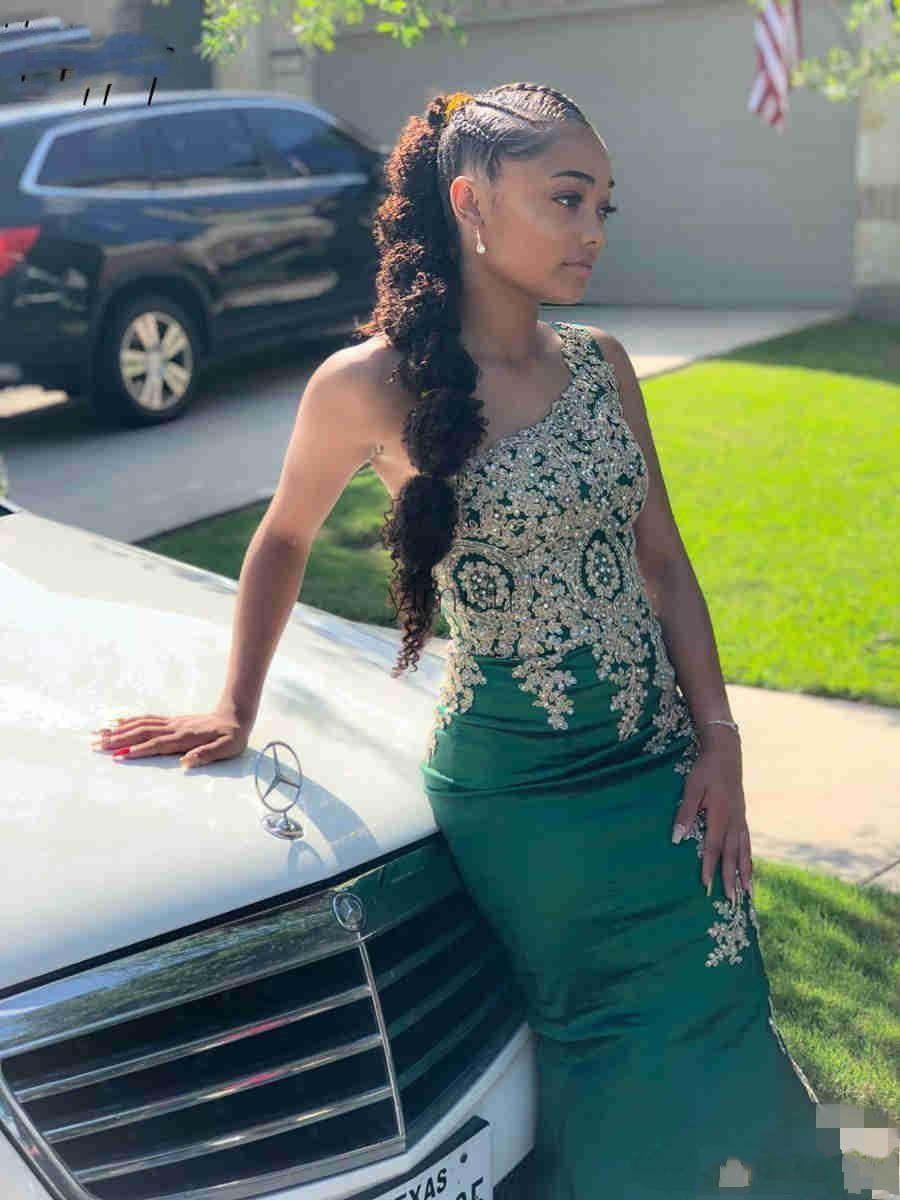 New Gold Lace Appliques Beaded Cryatal Emerald Green Sexy Evening Dresses Wear One Shoulder Mermaid African Prom Dress Cheap Party Gowns