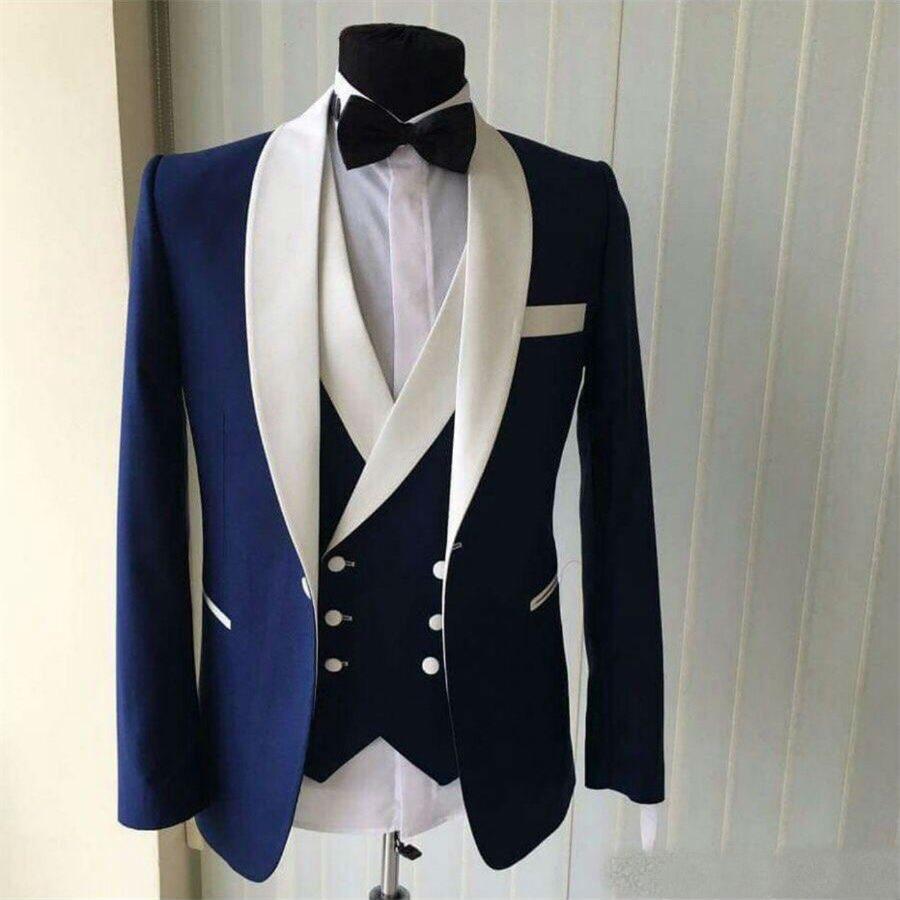 Custom Made Mens Wedding Suits White Shawl Lapel Slim Fit Blue Groom Tuxedos Men Business Prom Suits(Jacket+Vest+Pants)