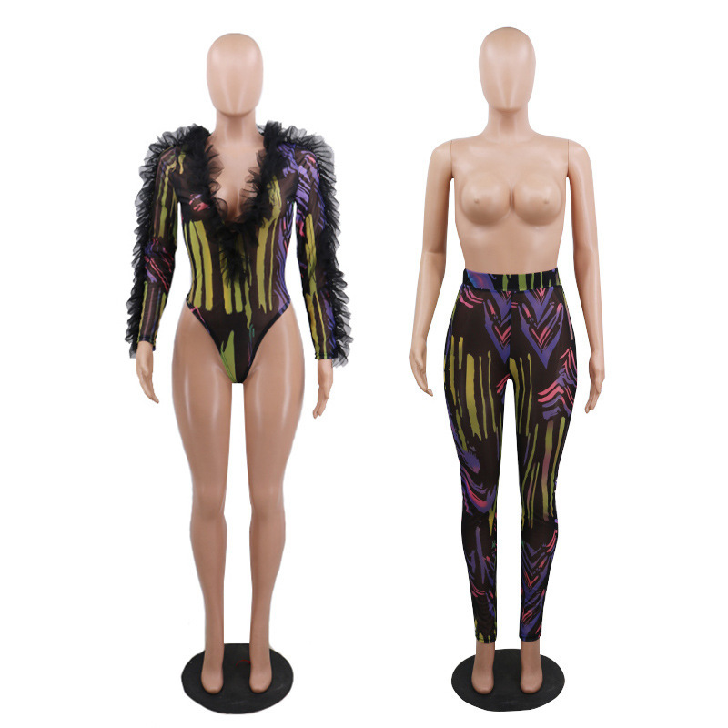 Sexy Mesh Sheer Two Piece Set Women Rave Festival Clothing Long Sleeve Ruffles Bodysuit Pant Matching Sets 2 Piece Club Outfits