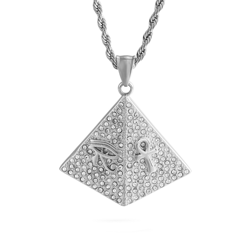 Egyptian Pyramids Cross Pattern Pendants Necklace Hip Hop 316L Stainless Steel 18K Gold Plated Rhinestone Setting Jewelry