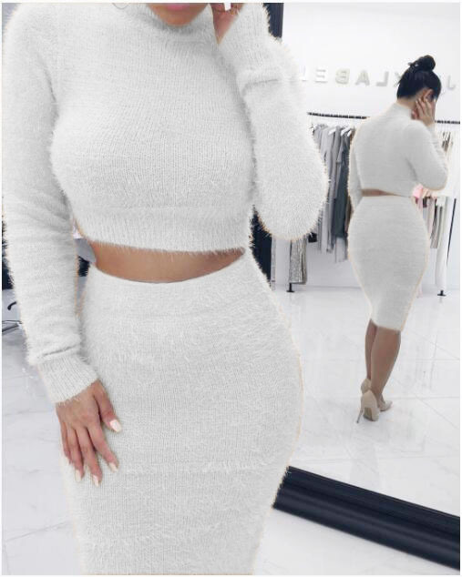 Echoine Women Party Sweaters Skirts Outfits Solid Long Sleeve Bodycon Stretch Casual Female Knitted Sweater Tops Skirt 2PCS Sets