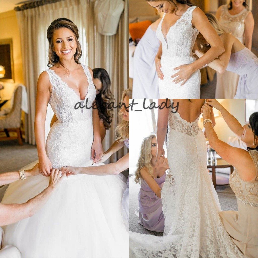 Full Lace Mermaid Wedding Dresses with Detachable Train 2019 V-neck Crystal Sash Outdoor Garden Bridal Gowns Wedding Dress Robe De Mariee