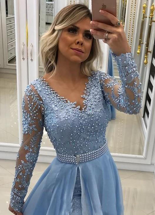 V Neck Pearls Lace Appliques Baby Blue Chiffon Evening Long Sleeves With Detachable Skirt And Pearl Sash Prom Party Dresses