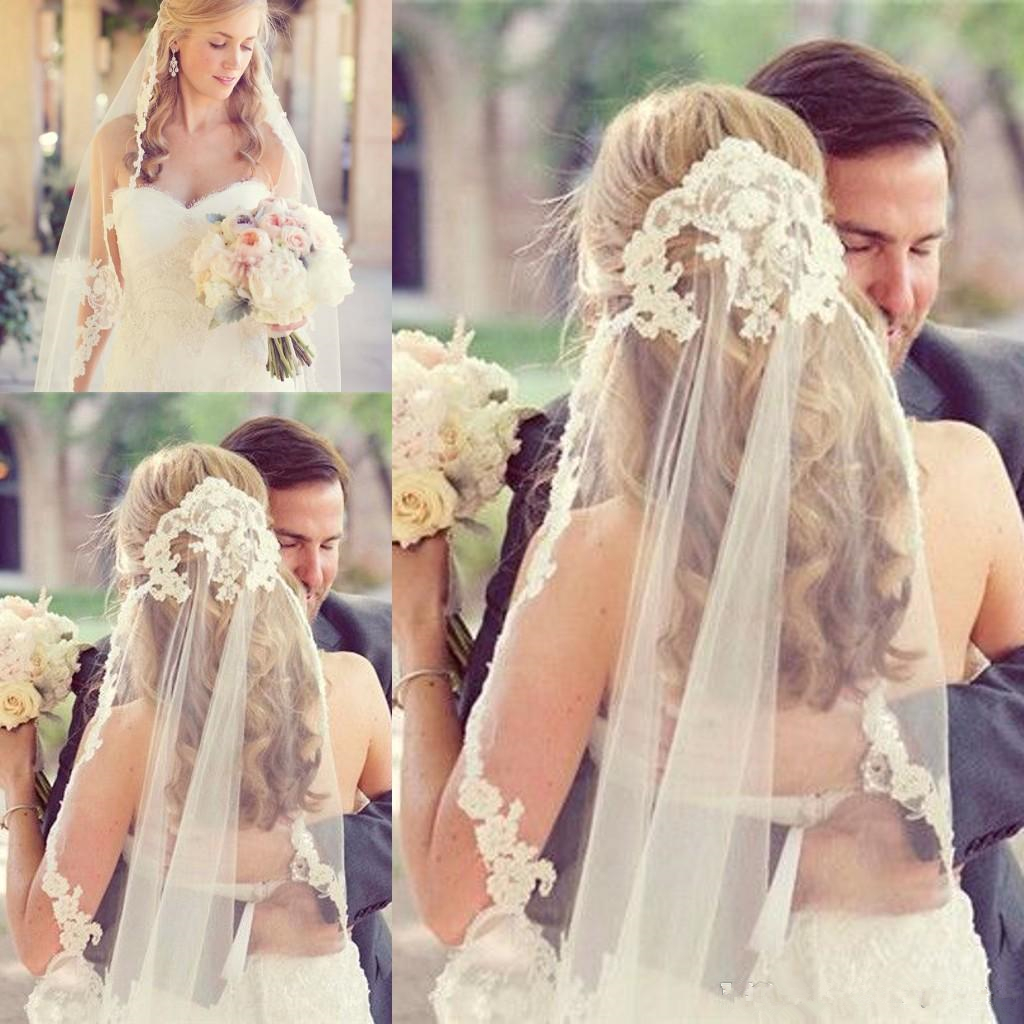 Cheap Bridal Wedding Veils Lace Appliques Vintage White Ivory Tulle Wedding Bridal Veil Elbow Length One Layer Events With Comb