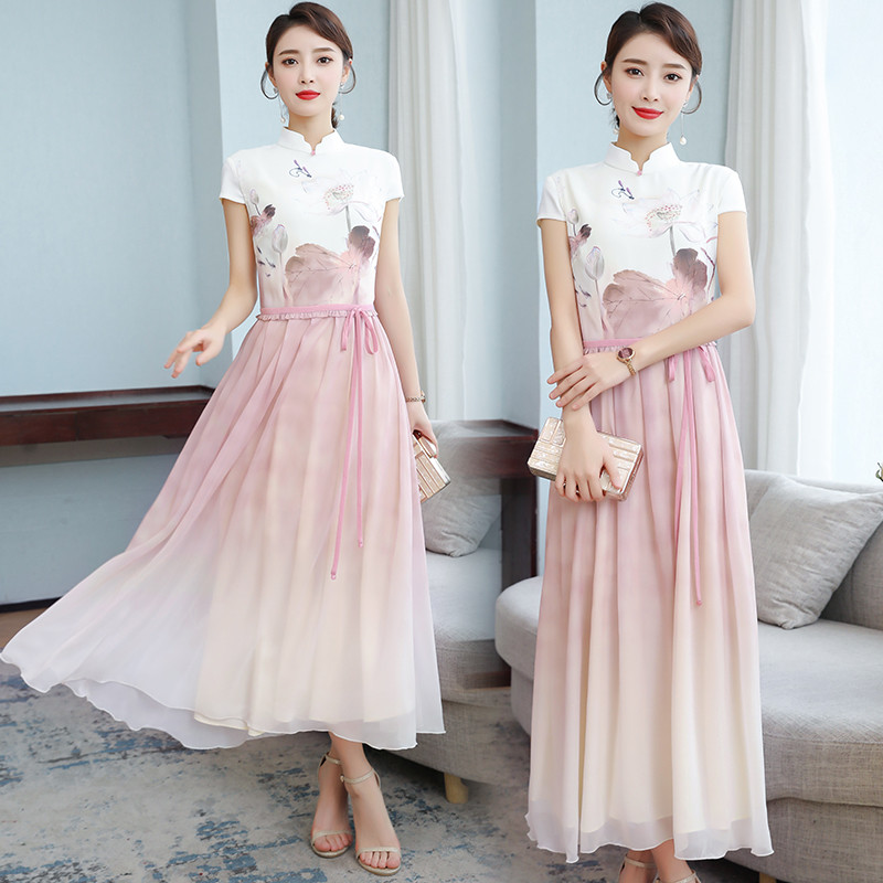 Modern Women retro pattern Printed cheongsam short Sleeve Traditional Qipao oriental gown Asia ethnic clothing elegant dress