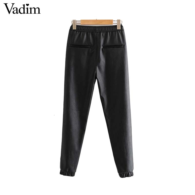Women's Chic PU Leather Pants Elastic Waist Drawstring Tie Pockets | Solid Basic Trousers