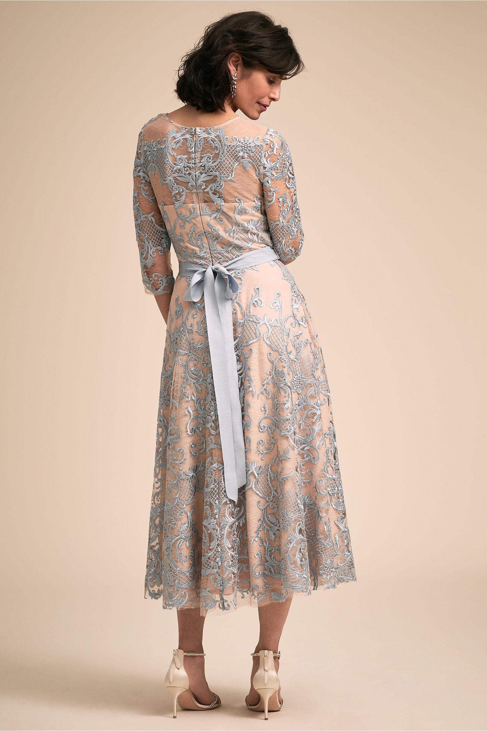 BHLDN Mother Of The Bride Dresses Jewel Neck Lace Appliqued Tea Length Half Long Sleeve Evening Gowns Plus Size Prom Dress Party Wear