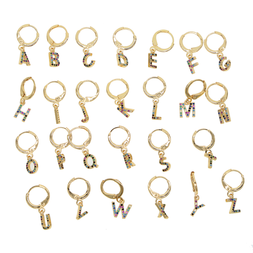 26 Initial dangle earring colorful cz paved Alphabet charms simple customize name letter jewelry