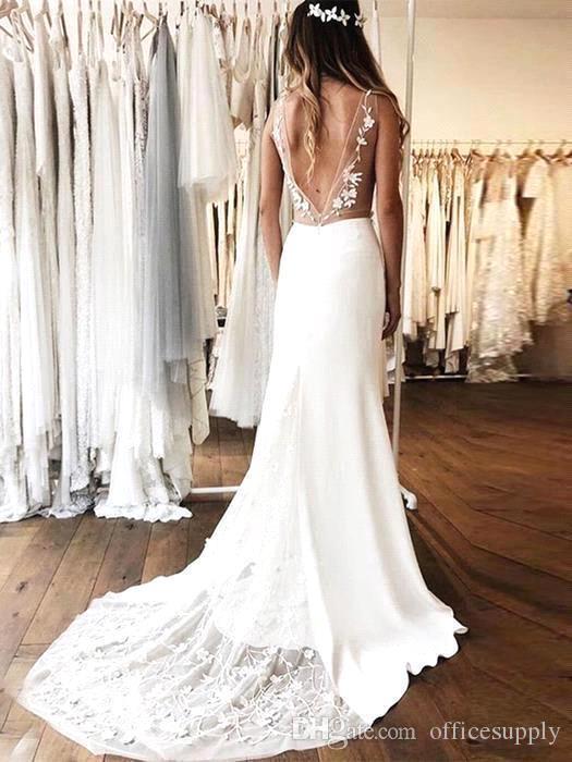 Amazing Slim Sexy Bohemian Wedding Dress V-neck Lace Appliqued Beach Boho Bridal Gown Open Back Plus Size Custom Vestidos De Mariee
