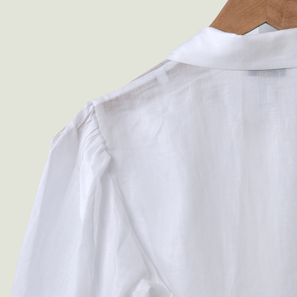 2020 Spring Summer 3/4 Sleeve Lapel Neck White Pure Color Belted Blouse Women Fashion Shirt W0615017