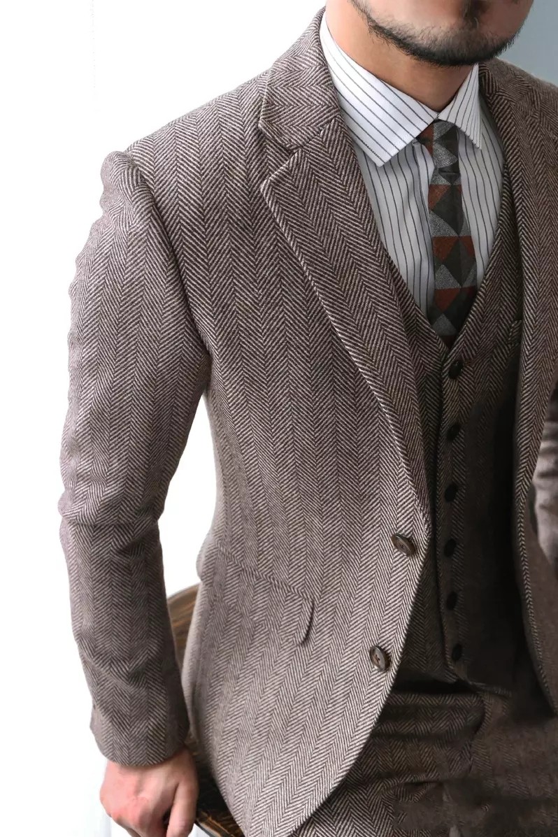 Autumn Winter Style Tweed Groom Tuxedos Notch Lapel Two Button Popular Men Wedding Dress Men 3 Piece Suit(Jacket+Pants+Tie+Vest) 999