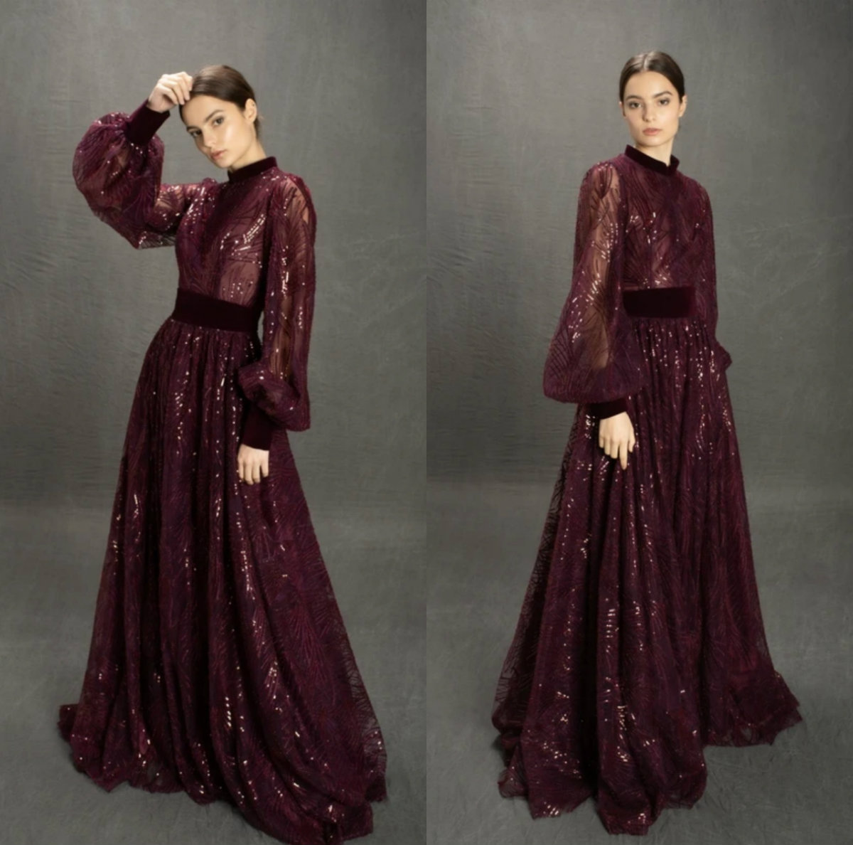 2020 Grape Prom Dresses High Neck Appliqued Sequins Tulle Sash Evening Dress A Line Custom Made Special Occasion Gowns