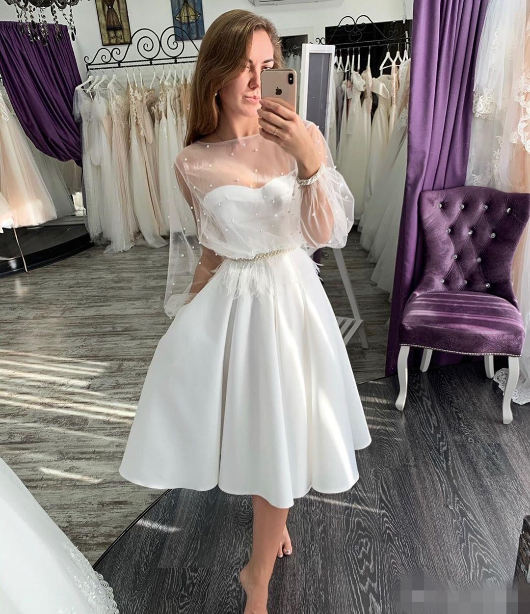 Simple Vintage Dresses Short Satin Straps Knee Length A Line Country Wedding Bridal Gown Custom Made Vestido De Novia