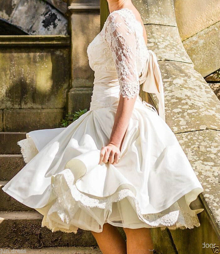 Knee Length Short Beach Wedding Dresses Lace Appliqued Satin A Line Bridal Gowns 3/4 Long Sleeve Cheap Garden Wedding Dress