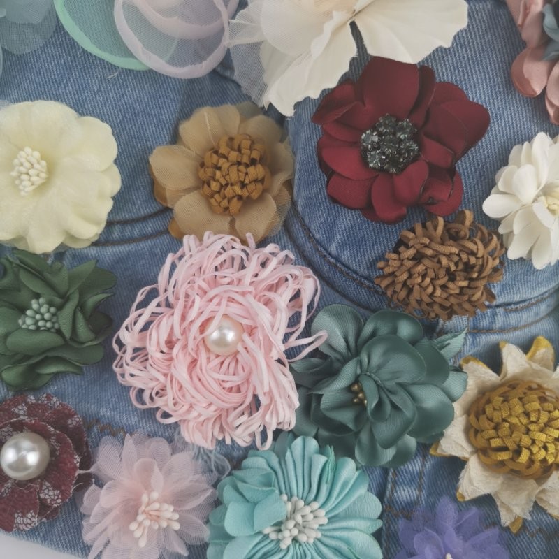 Women Blue Denim Multicolor Floral Embroidery Bralette with Colorful Three-Dimensional Cups and Flowers Appliques Fashion Crop Top Tube Top
