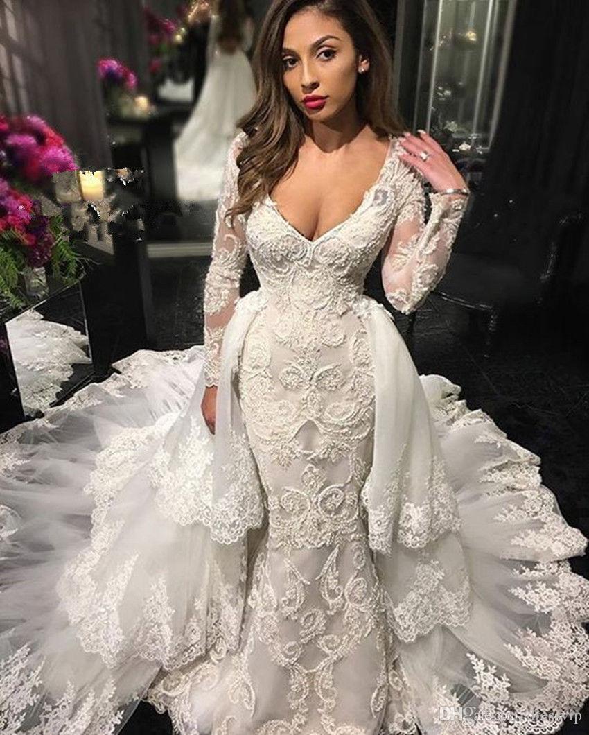 Lace Amazing Mermaid Wedding Dresses Deep V Neck Beaded Long Sleeves Bridal Gowns With Detachable Train Trumpet Robe De Marie