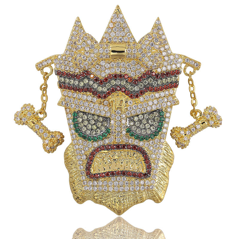 New fashion 18K Gold Multicolor Cubic Zirconia Indian style personalized Uka Mask Hip Hop Necklace Indian Man Wizard Shaped Jewelry for Men
