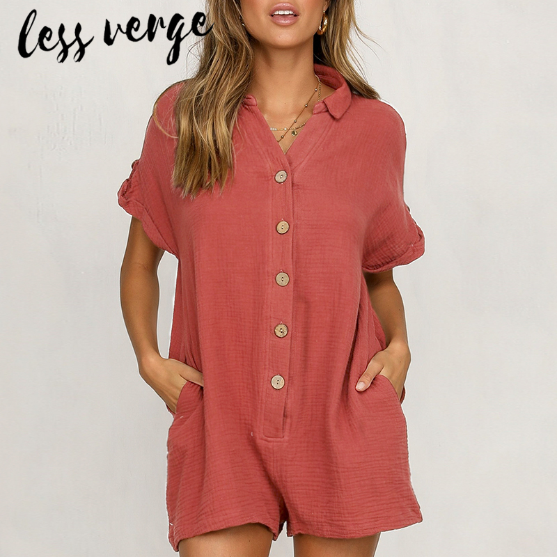 Lessverge Casual Summer Khaki Linen Jumpsuit Women White Button Pockets Beach Rompers Loose Short Sleeve Playsuit Overalls 2019 Y190502