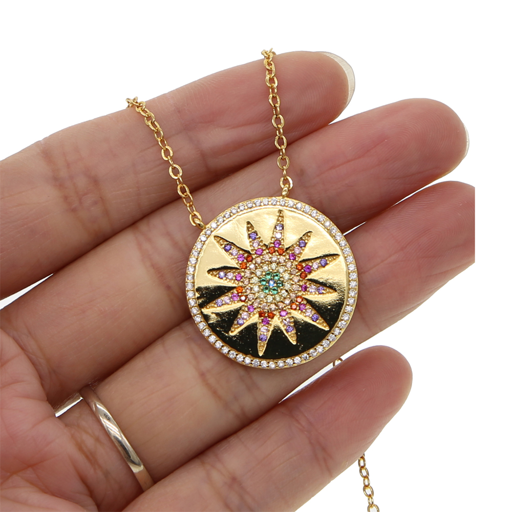 Wholesale- engraved round coin necklace for women 2018 fashion trend jewelry north star rainbow cz paved disco charm chain party jewelry