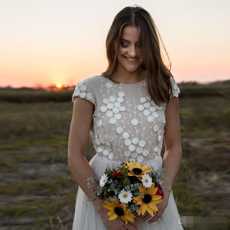 D Ral Applique Country Dresses Sexy Backless Short Sleeves Sweep Train Tulle Plus Size Wedding Gown Vestido De Novia