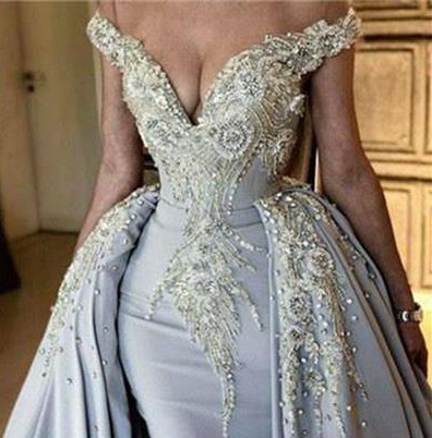 Light Blue Mermaid Prom Dresses with Detachable Train Sheer Off Shoulder Crystals Beaded Formal Evening Dress Cocktail Party Dresses