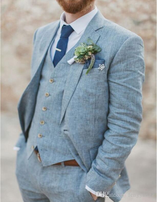 Light Blue Linen Men Suits Wedding Groom Tuxedos 3 Pieces Groomsmen Suit (Jacket+Vest+Pants) Beach Wedding Suit