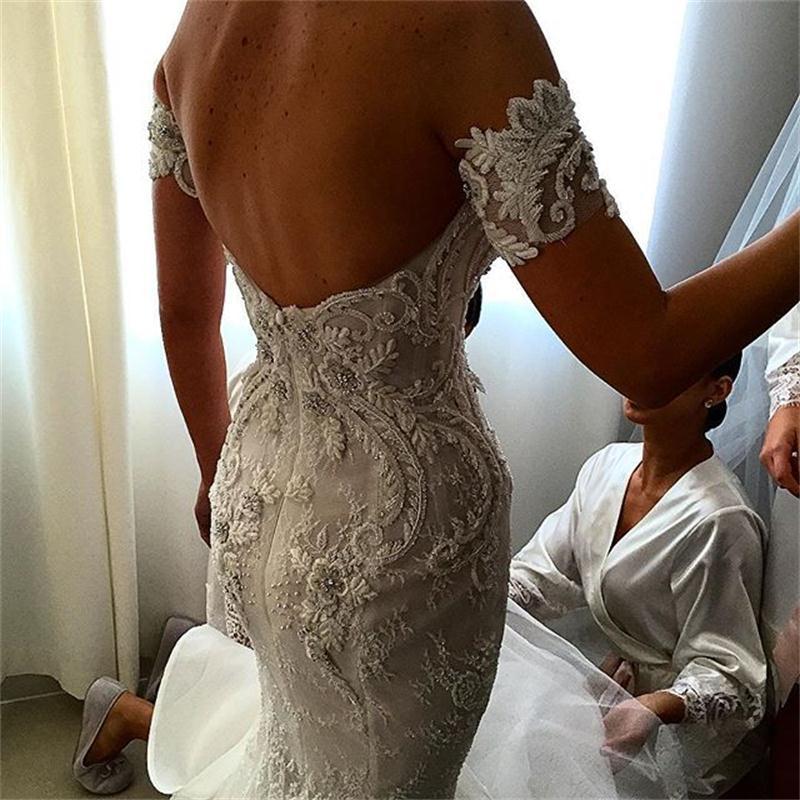 The Elegant Off Shoulder Mermaid Dresses Short Sleeves Lace Applique Tulle Overskirt Train Custom Made Chapel Wedding Gown